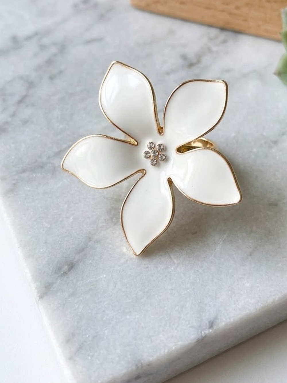 NEW White Flower Enamel Ring with Crystal Center - Women's Jewelry
